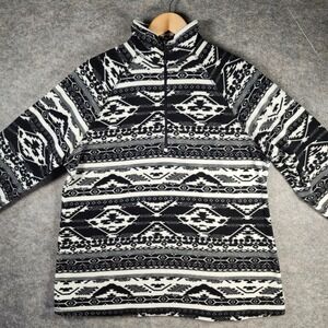 Eddie Bauer Womens Fleece Sweater Aztec Southwestern Print Black White XL Plush